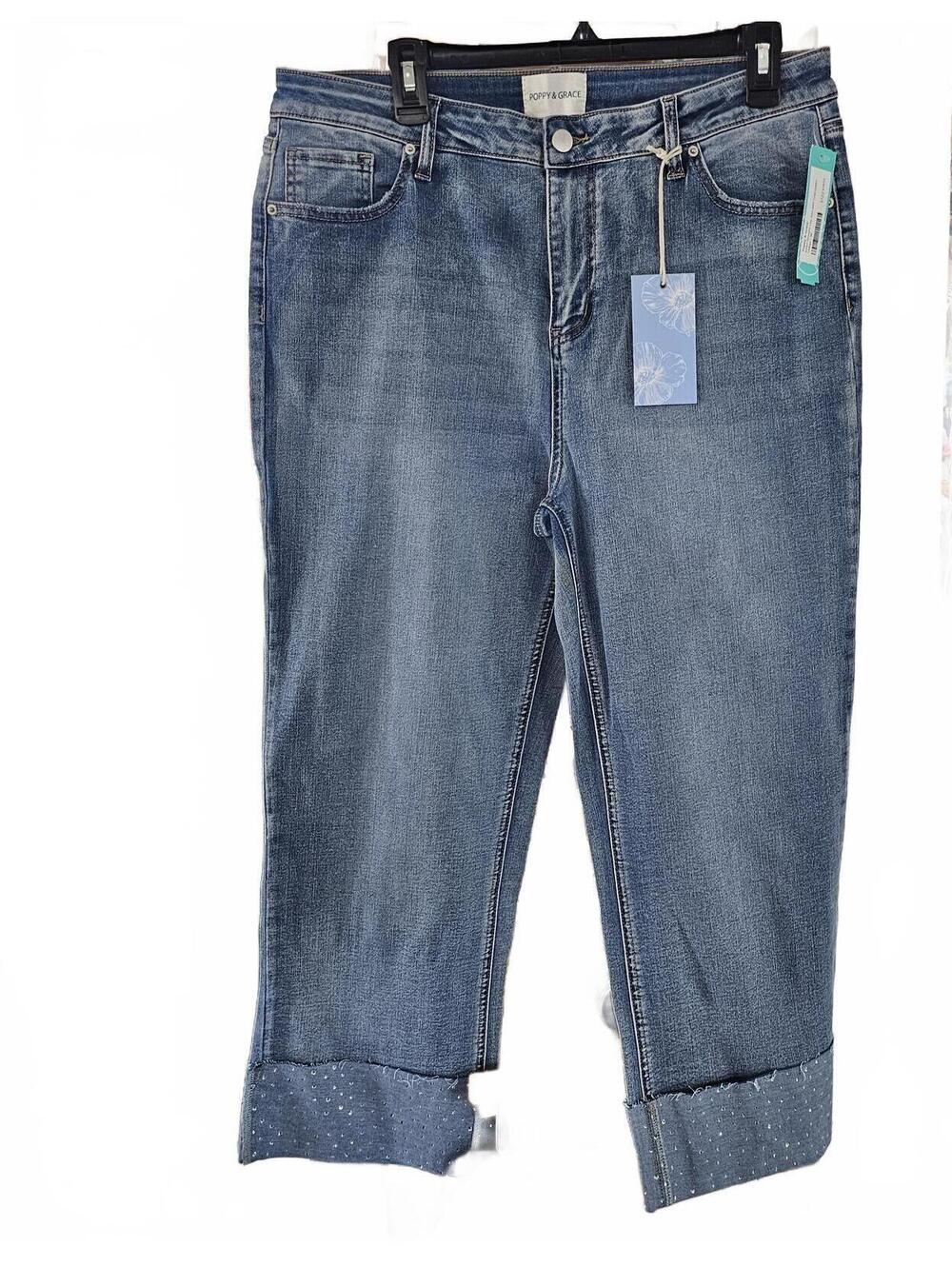 Poppy & Grace Blue Cropped Cuffed Denim Jeans Size 33 NWT